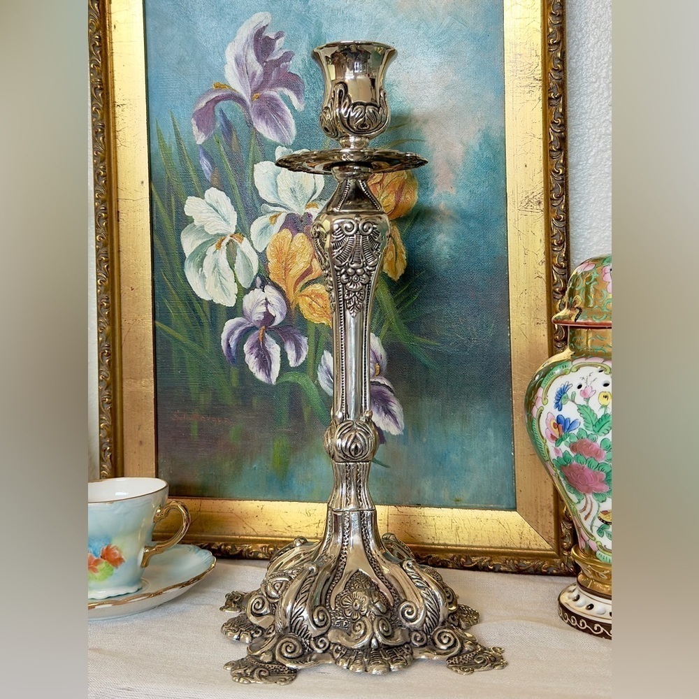 Vintage Silver-Plated Rococo Candlestick (11.5”) - Picture 3 of 9